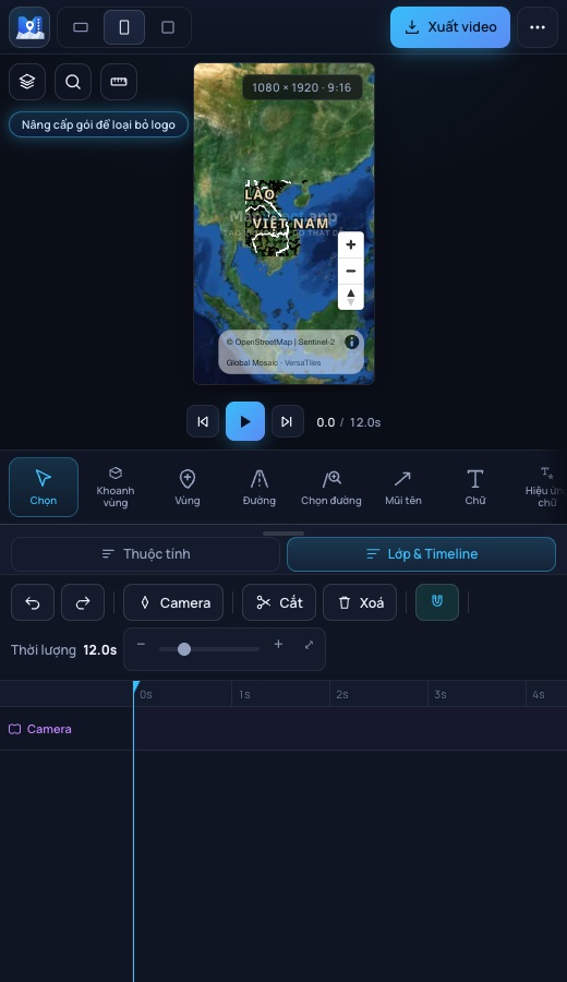 Giao diện Map Effect trên điện thoại: khung xem trước ở trên, thanh công cụ và timeline ở dưới