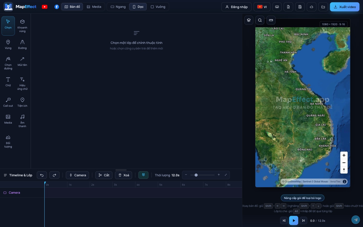 Giao diện Map Effect: thanh trên cùng, cột công cụ bên trái, bảng thuộc tính ở giữa, khung xem trước bên phải và timeline phía dưới